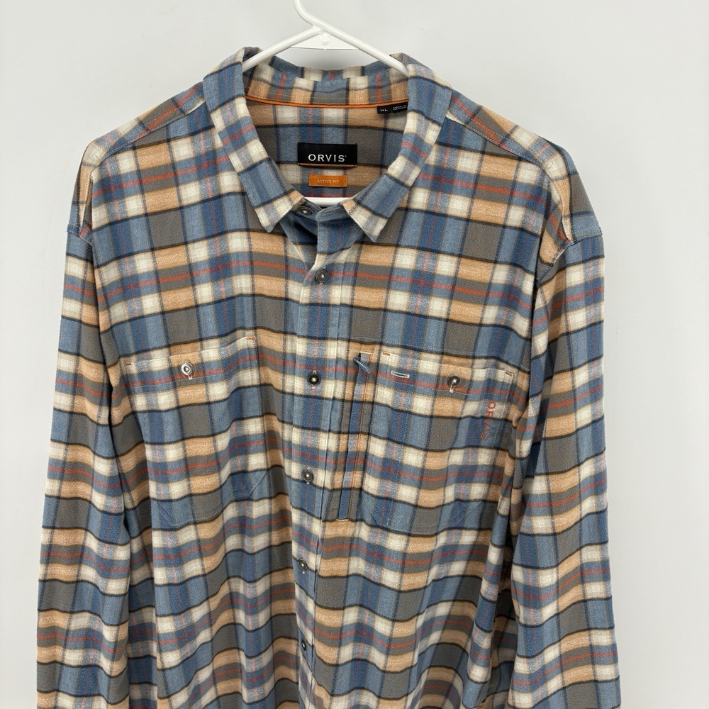 ORVIS Active Fit Orange & Blue Western Plaid Chest Pocket Flannel Shirt Men's XL
